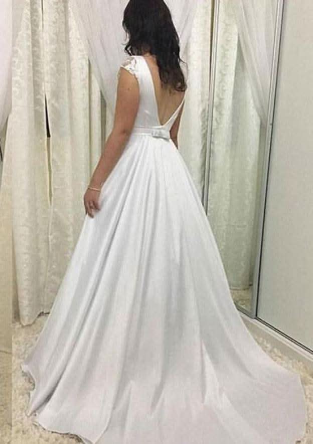 Lace Waistband Sweep Train Sleeveless A-Line Wedding Dress in Satin BM bride