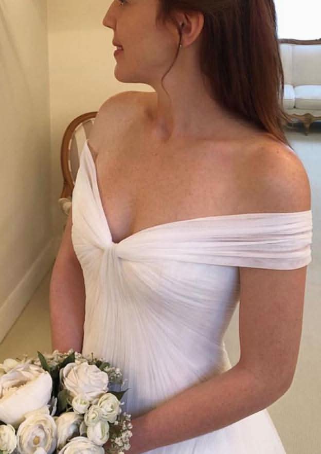 Charming A-Line/Princess Off-the-Shoulder Sleeveless Sweep Train Tulle Wedding Dress with Pleated Features BM bride