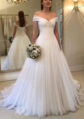 Charming A-Line/Princess Off-the-Shoulder Sleeveless Sweep Train Tulle Wedding Dress with Pleated Features BM bride