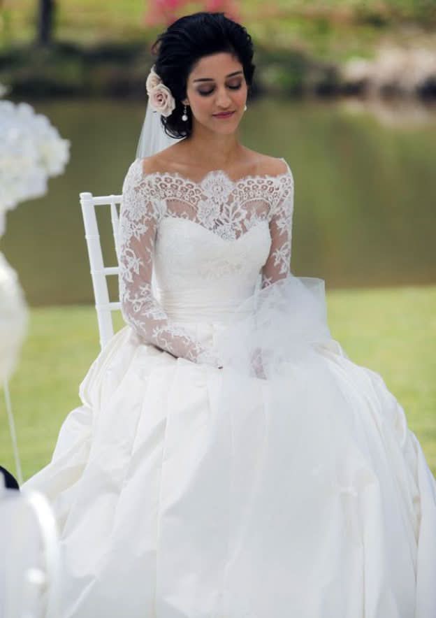 Elegant Ball Gown Off-the-Shoulder Full-Length Sleeve Sweep Train Satin Wedding Dress with Pleated Lace BM bride