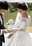 Elegant Ball Gown Off-the-Shoulder Full-Length Sleeve Sweep Train Satin Wedding Dress with Pleated Lace BM bride