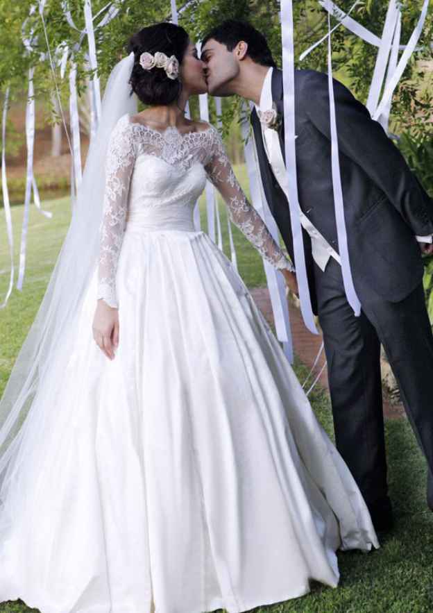 Elegant Ball Gown Off-the-Shoulder Full-Length Sleeve Sweep Train Satin Wedding Dress with Pleated Lace BM bride