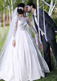 Elegant Ball Gown Off-the-Shoulder Full-Length Sleeve Sweep Train Satin Wedding Dress with Pleated Lace BM bride