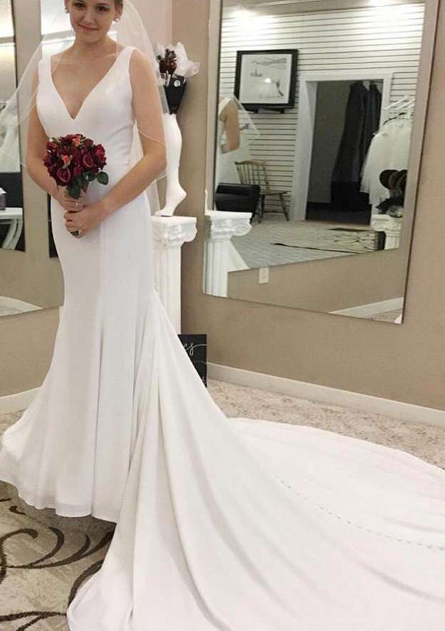 Elastic Satin Sheath/Column V-Neck Sleeveless Wedding Dress with Chapel Train BM bride