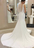 Elastic Satin Sheath/Column V-Neck Sleeveless Wedding Dress with Chapel Train BM bride