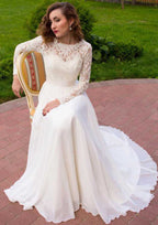 Refined A-Line/Princess Scalloped Neck Full Long Sleeve Long Floor-Length Chiffon Wedding Dress with Lace Sashes BM bride