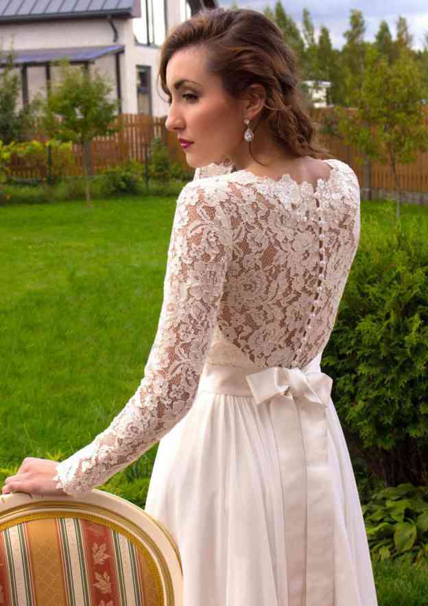 Refined A-Line/Princess Scalloped Neck Full Long Sleeve Long Floor-Length Chiffon Wedding Dress with Lace Sashes BM bride