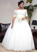 Elegant Off-the-Shoulder Short Sleeve Long/Floor-Length Tulle Wedding Dress with Hem Appliques in Ball Gown Style BM bride