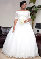 Elegant Off-the-Shoulder Short Sleeve Long/Floor-Length Tulle Wedding Dress with Hem Appliques in Ball Gown Style BM bride