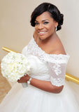 Elegant Off-the-Shoulder Short Sleeve Long/Floor-Length Tulle Wedding Dress with Hem Appliques in Ball Gown Style BM bride