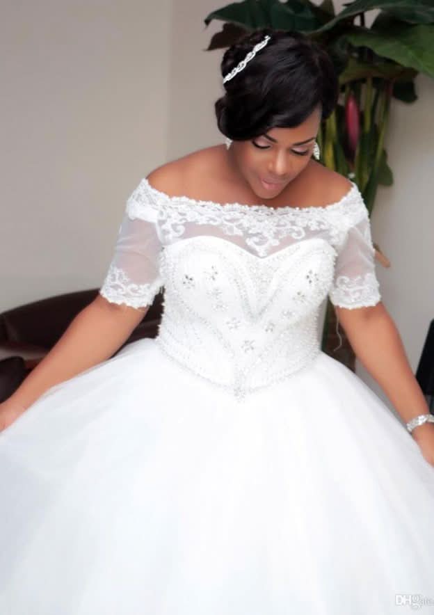 Elegant Off-the-Shoulder Short Sleeve Long/Floor-Length Tulle Wedding Dress with Hem Appliques in Ball Gown Style BM bride