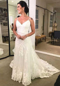 Sleeveless Court Train Lace Wedding Dress with Appliqued Bowknot, Sheath/Column V-Neck BM bride