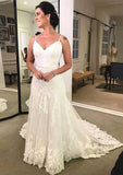 Sleeveless Court Train Lace Wedding Dress with Appliqued Bowknot, Sheath/Column V-Neck BM bride