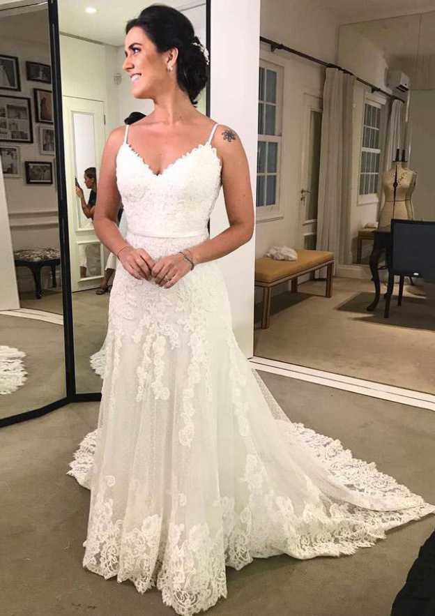 Sleeveless Court Train Lace Wedding Dress with Applique Bowknot, Sheath/Column V-Neck BM bride