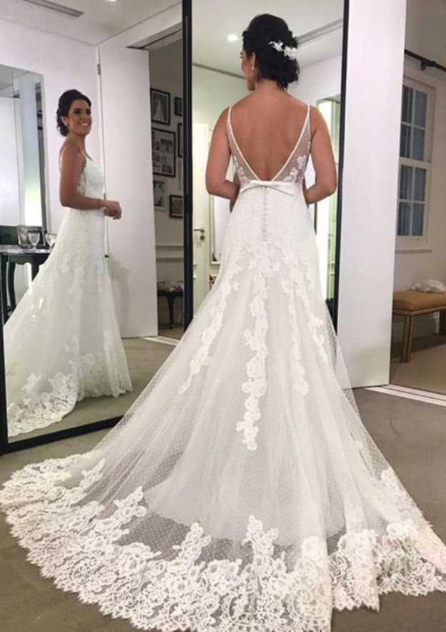 Sleeveless Court Train Lace Wedding Dress with Applique Bowknot, Sheath/Column V-Neck BM bride