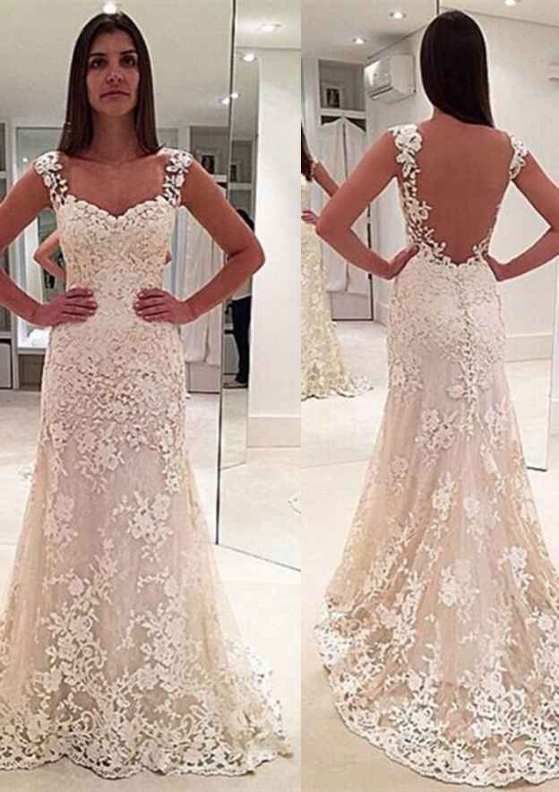 Appliqued Sheath/Column Sweetheart Sleeveless Wedding Dress with Sweep Train in Lace BM bride
