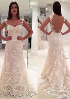 Appliqued Sheath/Column Sweetheart Sleeveless Wedding Dress with Sweep Train in Lace BM bride