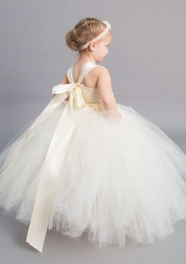Ankle-Length Lace Tulle Wedding Party Dress with Bowknot Sashes - A-line/Princess Scoop Neck Flower Girl Dress BM bride