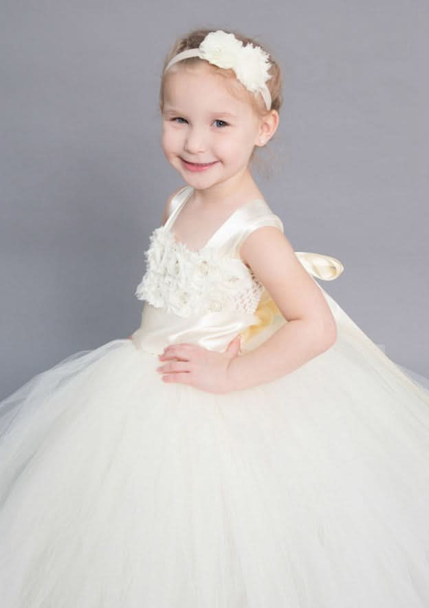 Ankle-Length Lace Tulle Wedding Party Dress with Bowknot Sashes - A-line/Princess Scoop Neck Flower Girl Dress BM bride