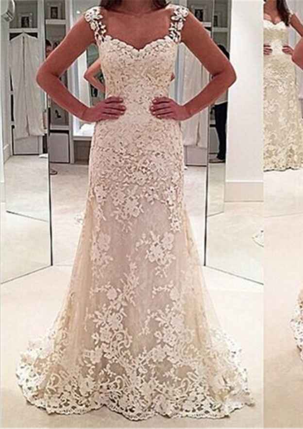 Appliqued Sheath/Column Sweetheart Sleeveless Wedding Dress with Sweep Train in Lace BM bride