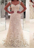 Appliqued Sheath/Column Sweetheart Sleeveless Wedding Dress with Sweep Train in Lace BM bride