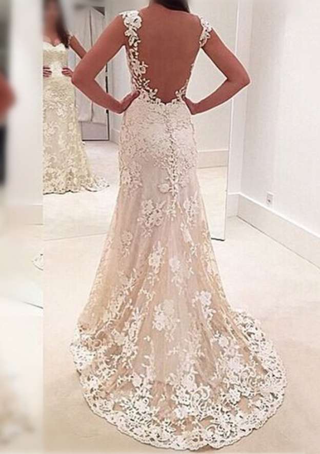 Appliqued Sheath/Column Sweetheart Sleeveless Wedding Dress with Sweep Train in Lace BM bride
