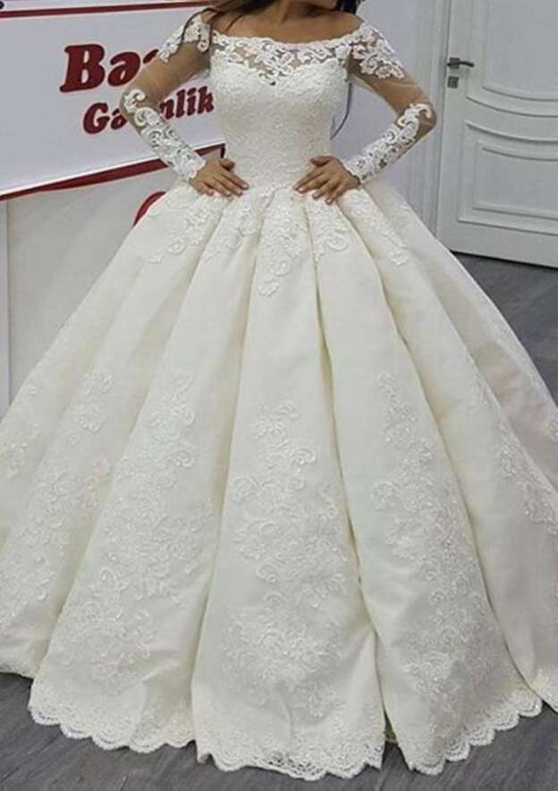 Appliqued Lace Ball Gown with Off-the-Shoulder Full Long Sleeves and Satin BM bride