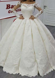 Appliqued Lace Ball Gown with Off-the-Shoulder Full Long Sleeves and Satin BM bride