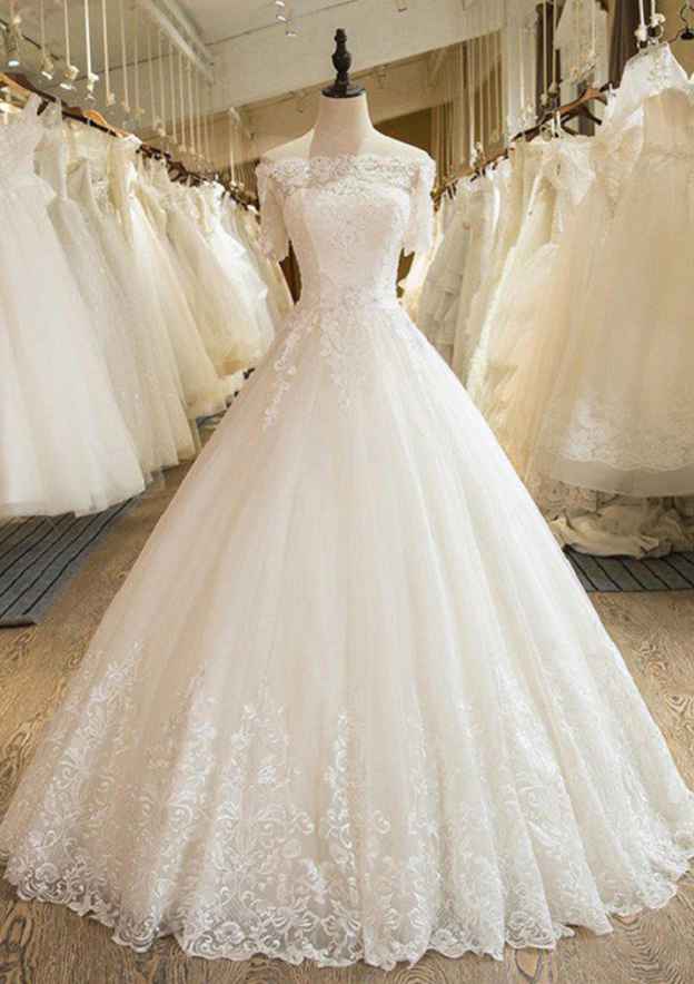 Appliqued Lace Off-The-Shoulder Short Sleeve Ball Gown Wedding Dress with Long Tulle Skirt BM bride