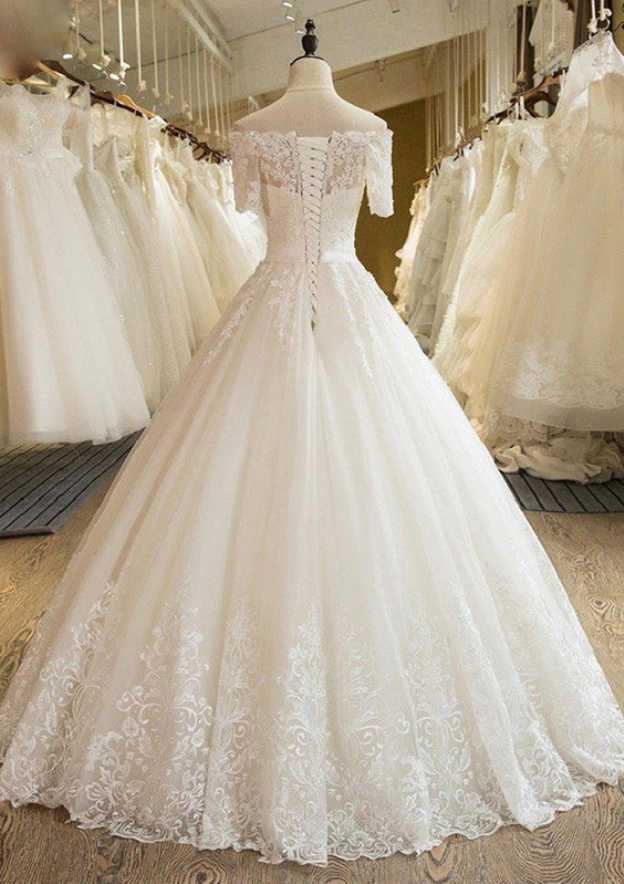 Appliqued Lace Off-The-Shoulder Short Sleeve Ball Gown Wedding Dress with Long Tulle Skirt BM bride