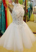 Appliqued Beaded High-Neck Sleeveless Knee-Length Ball Gown in Tulle BM bride