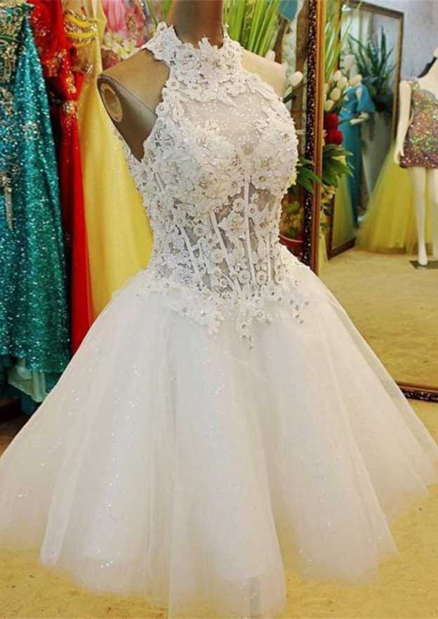 Appliqued Beaded High-Neck Sleeveless Knee-Length Ball Gown in Tulle BM bride