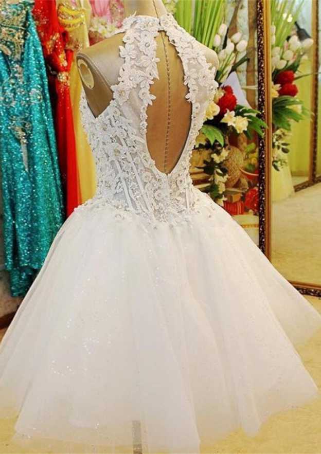 Appliqued Beaded High-Neck Sleeveless Knee-Length Ball Gown in Tulle BM bride