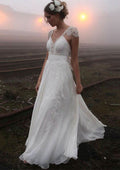 Charming A-Line/Princess V-Neck Sleeveless Court Train Wedding Dress: Chiffon with Appliqued Bowknot BM bride