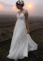 Charming A-Line/Princess V-Neck Sleeveless Court Train Wedding Dress: Chiffon with Appliqued Bowknot BM bride