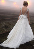 Charming A-Line/Princess V-Neck Sleeveless Court Train Wedding Dress: Chiffon with Appliqued Bowknot BM bride