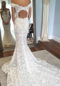 Trumpet/Mermaid Off-the-Shoulder Sleeveless Lace Wedding Dress with Chapel Train BM bride