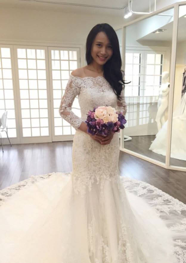Appliqued Beading Off-The-Shoulder 3/4 Sleeve Trumpet/Mermaid Wedding Dress with Chapel Train and Lace Details BM bride
