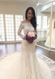 Appliqued Beading Off-The-Shoulder 3/4 Sleeve Trumpet/Mermaid Wedding Dress with Chapel Train and Lace Details BM bride