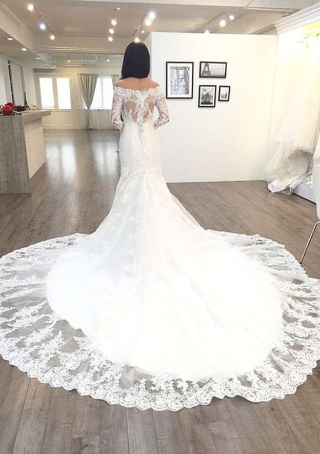 Appliqued Beading Off-The-Shoulder 3/4 Sleeve Trumpet/Mermaid Wedding Dress with Chapel Train and Lace Details BM bride