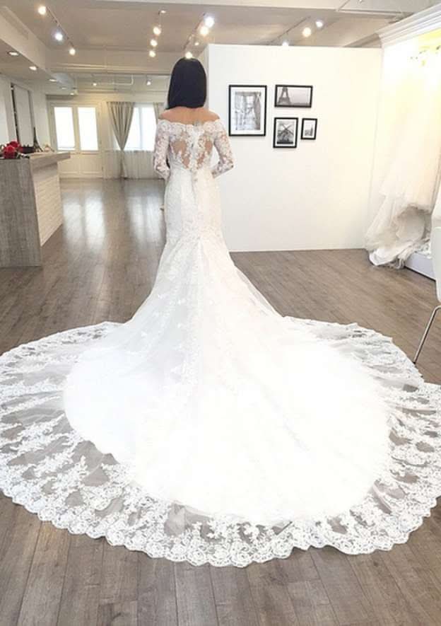 Appliqued Beading Off-The-Shoulder 3/4 Sleeve Trumpet/Mermaid Wedding Dress with Chapel Train and Lace Details BM bride