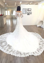 Appliqued Beading Off-The-Shoulder 3/4 Sleeve Trumpet/Mermaid Wedding Dress with Chapel Train and Lace Details BM bride
