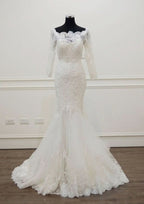 Appliqued Beading Off-The-Shoulder 3/4 Sleeve Trumpet/Mermaid Wedding Dress with Chapel Train and Lace Details BM bride