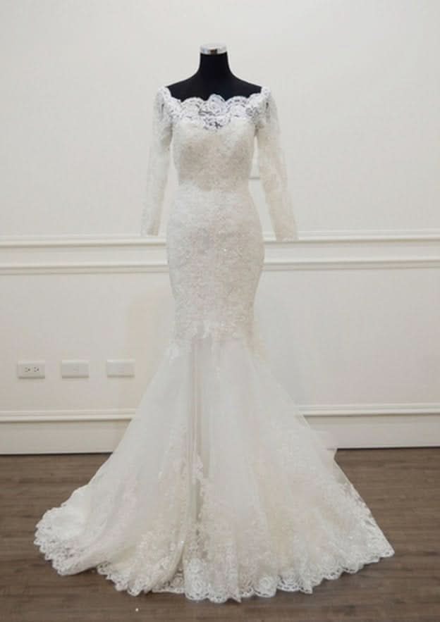 Appliqued Beading Off-The-Shoulder 3/4 Sleeve Trumpet/Mermaid Wedding Dress with Chapel Train and Lace Details BM bride