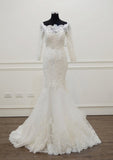 Appliqued Beading Off-The-Shoulder 3/4 Sleeve Trumpet/Mermaid Wedding Dress with Chapel Train and Lace Details BM bride