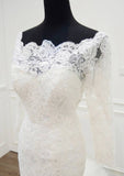 Appliqued Beading Off-The-Shoulder 3/4 Sleeve Trumpet/Mermaid Wedding Dress with Chapel Train and Lace Details BM bride