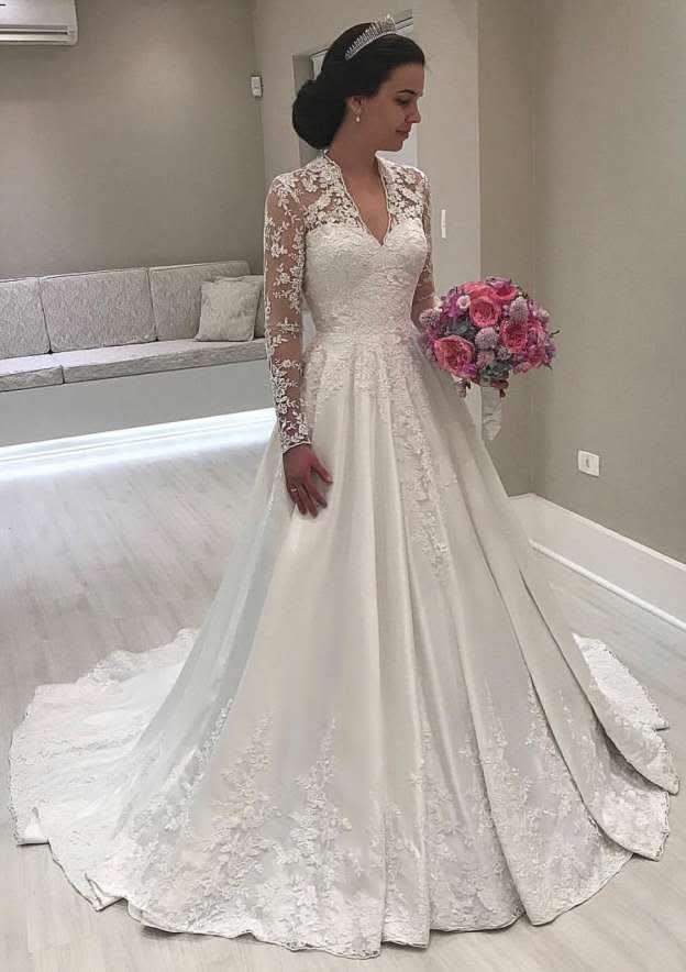 Appliqued Lace Full Long Sleeve V-Neck Ball Gown with Sweep Train in Satin BM bride