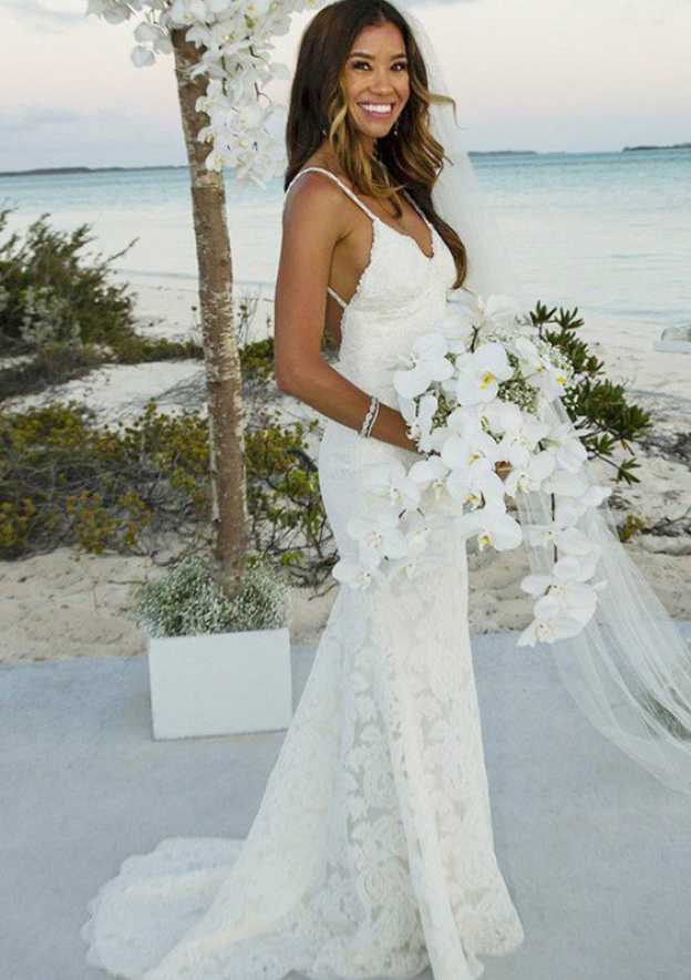 Lace Sleeveless Sheath Wedding Dress with V-Neck and Sweep Train BM bride