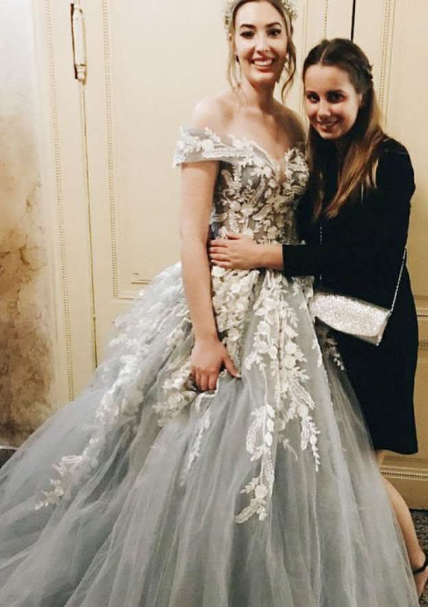 Glamorous Sleeveless Off-the-Shoulder Sweep Train Tulle Wedding Dress with Detailed Appliques and Ball Gown Silhouette BM bride