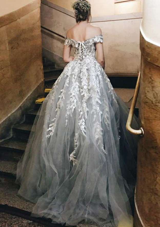 Glamorous Sleeveless Off-the-Shoulder Sweep Train Tulle Wedding Dress with Detailed Appliques and Ball Gown Silhouette BM bride